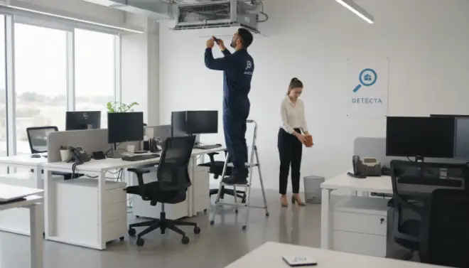 Técnico da Detecta verificando aparelho de ar-condicionado em empresa para evitar criadouros do Aedes aegypti.
