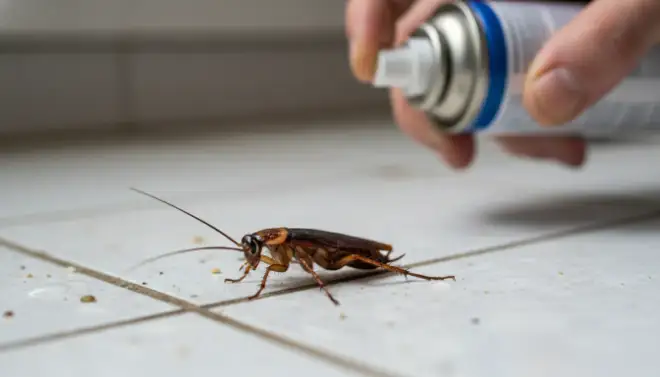 Barata no piso, praga tratada por dedetização, desinsetização ou controle integrado de pragas.