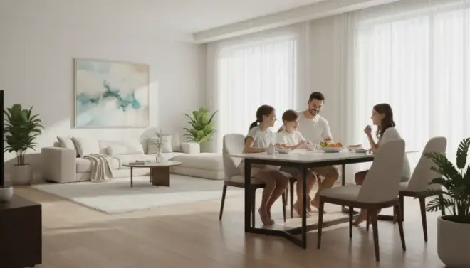 Casa limpa e sem formigas após o controle profissional, com a família tranquila.