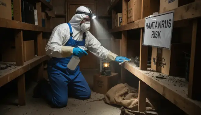 Pessoa usando luvas e máscara para limpar local com sinais de roedores e evitar contaminação por Hantavírus.