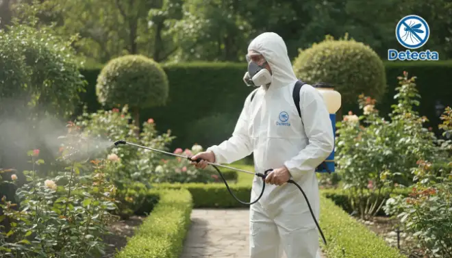 Técnico aplicando inseticida em quintal para controle de mosquitos
